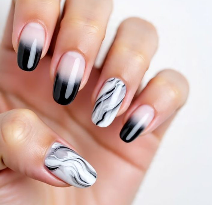 black and white ombre nails