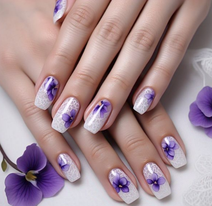 Purple & White Nails