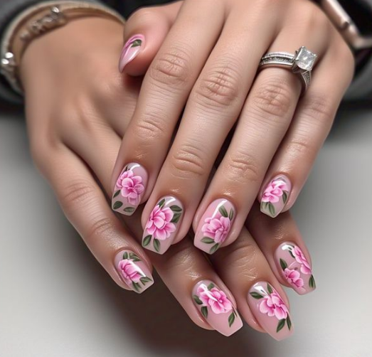 pink flower nails