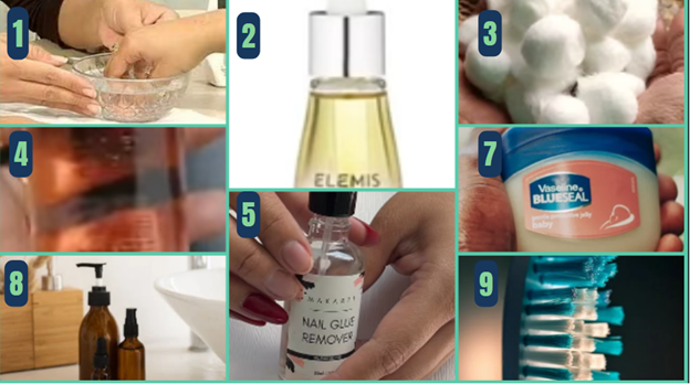A collection of nail care essentials including Vaseline, a nail brush, cuticle oil, and nail glue remover arranged on a flat surface.