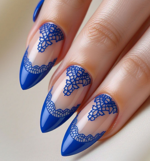 royal blue french tips almond nails