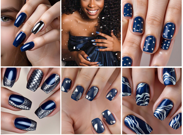 navy blue & silver nails
