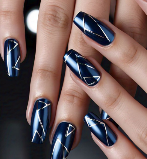 navy blue & silver nails