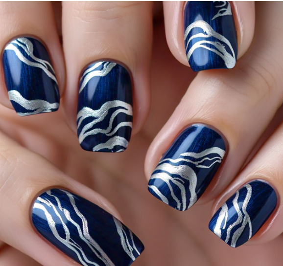 navy blue & silver nails
