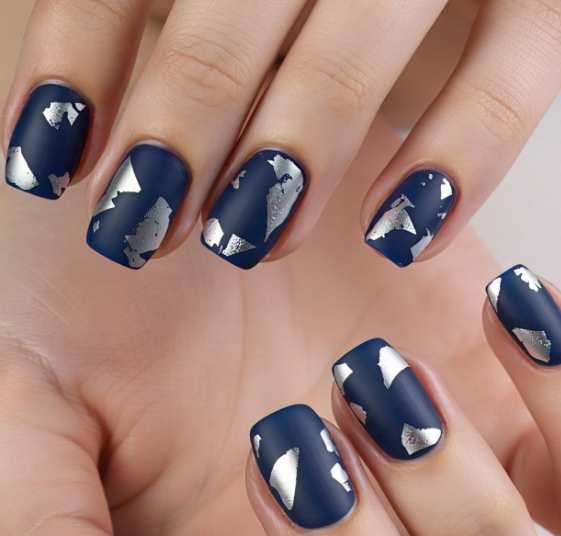 navy blue & silver nails