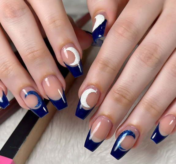 navy blue & silver nails