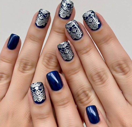 navy blue & silver nails