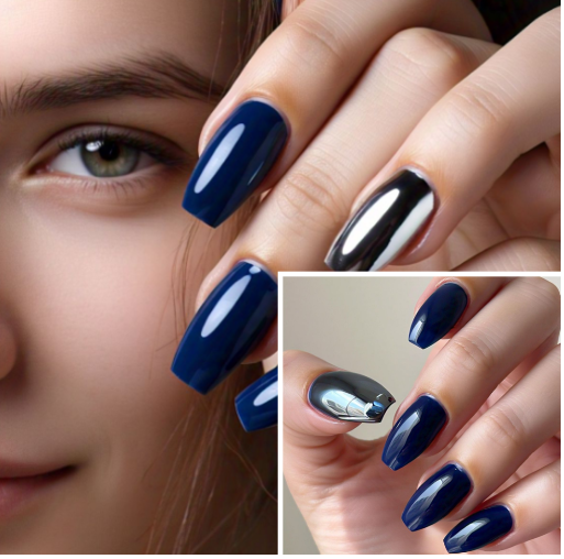 navy blue & silver nails