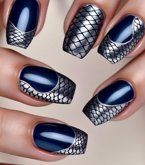 navy blue & silver nails