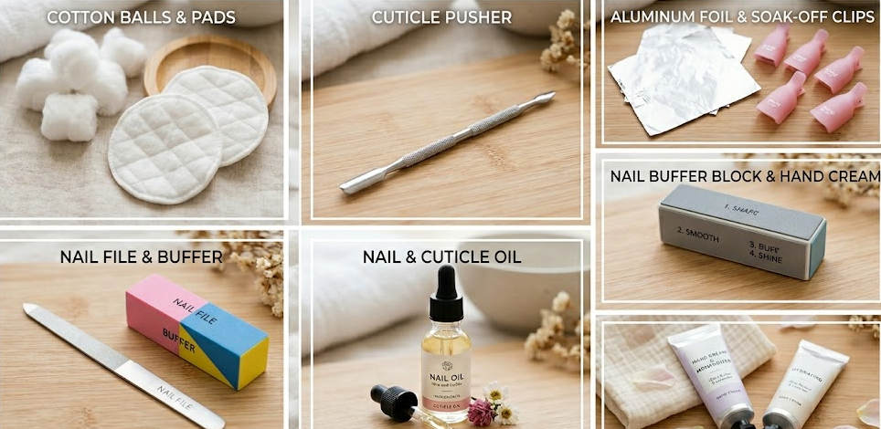 Complete gel nail polish removal tool kit with acetone, foil wraps, and cuticle oil.