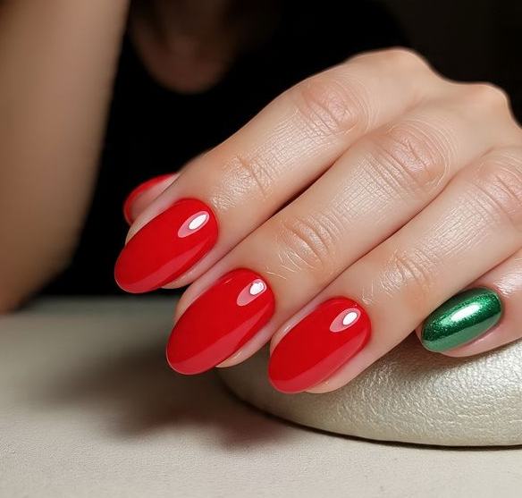 solid red with green accent nail