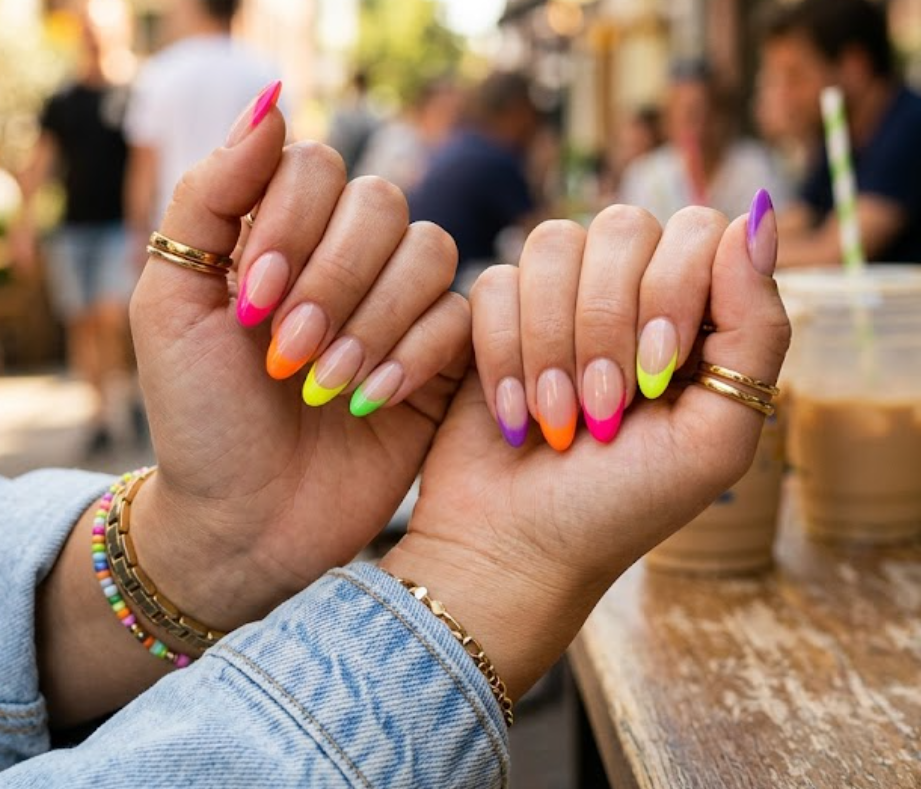A close-up shot of a person's hands featuring almond-shaped nails with a nude base and vibrant, multi-colored neon French tips in pink, orange, yellow, and green.
