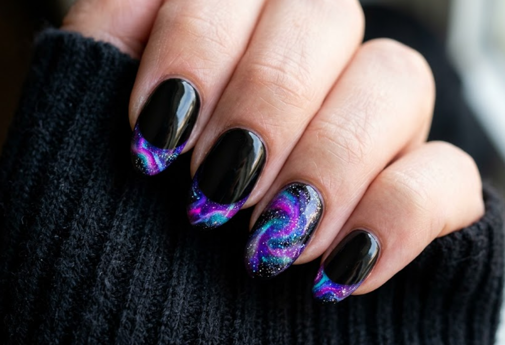 A macro photo of a hand featuring oval-shaped nails with a black base and French tips. The tips are decorated with vibrant, nebula-like swirls of neon purple, blue, and teal, accented with fine silver glitter to mimic a starry galaxy.