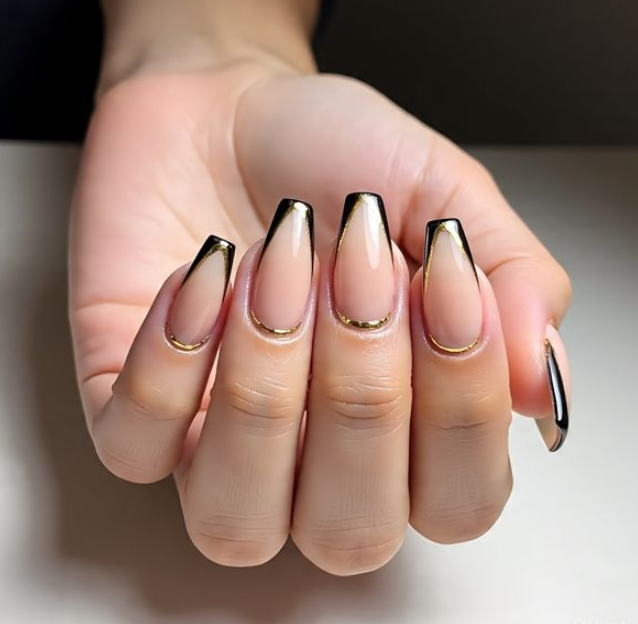coffin black and gold nails
