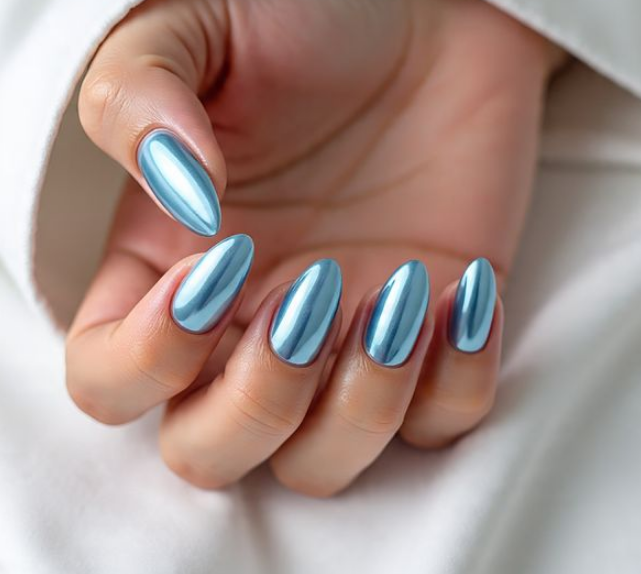 light blue chrome nails