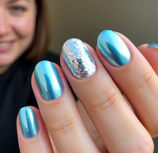 light blue chrome nails