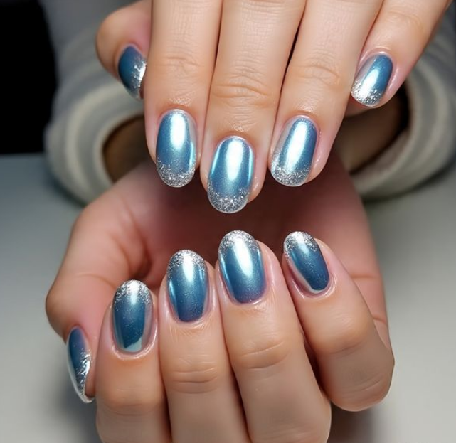 light blue chrome nails