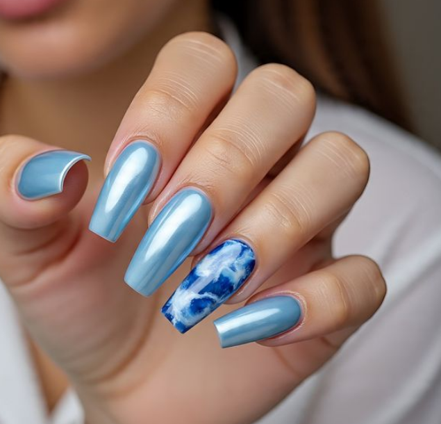 light blue chrome nails
