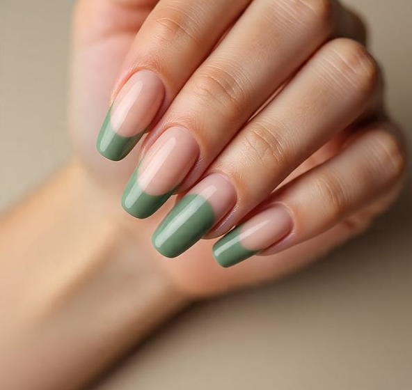 sage green french tip nails