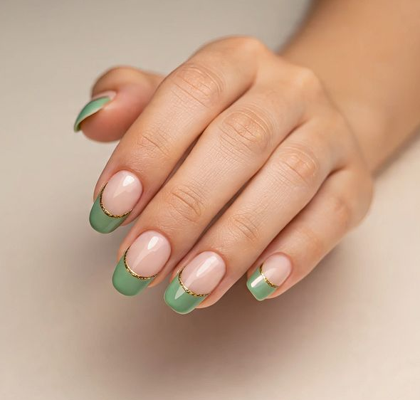 sage green french tip nails