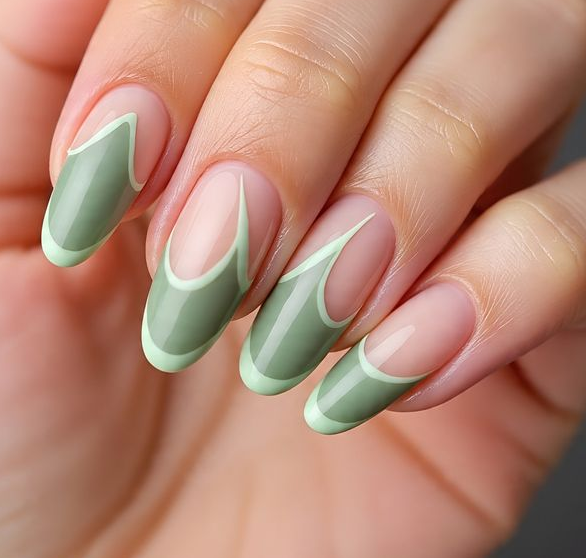 sage green french tip nails
