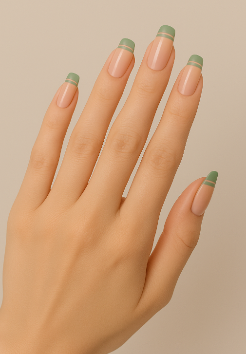 sage green french tip nails