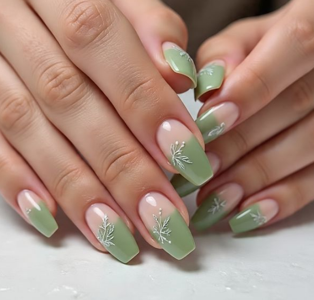 sage green french tip nails