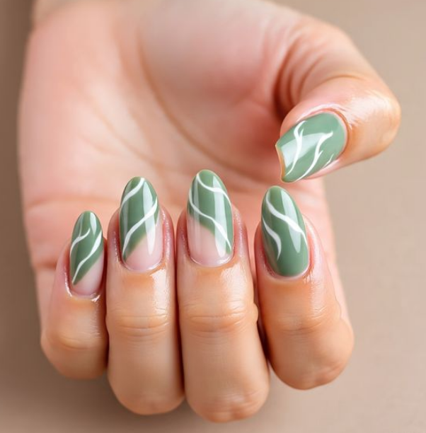 sage green french tip nails