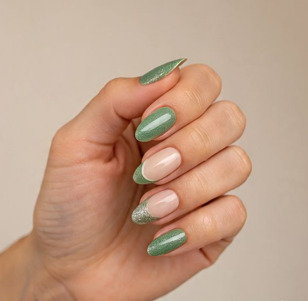 sage green french tip nails