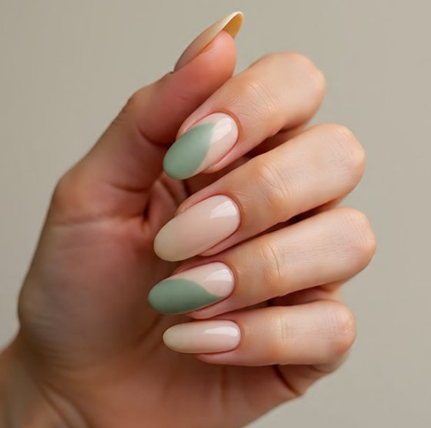 sage green french tip nails