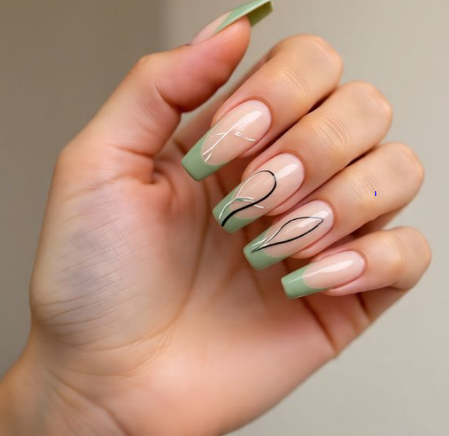 sage green french tip nails