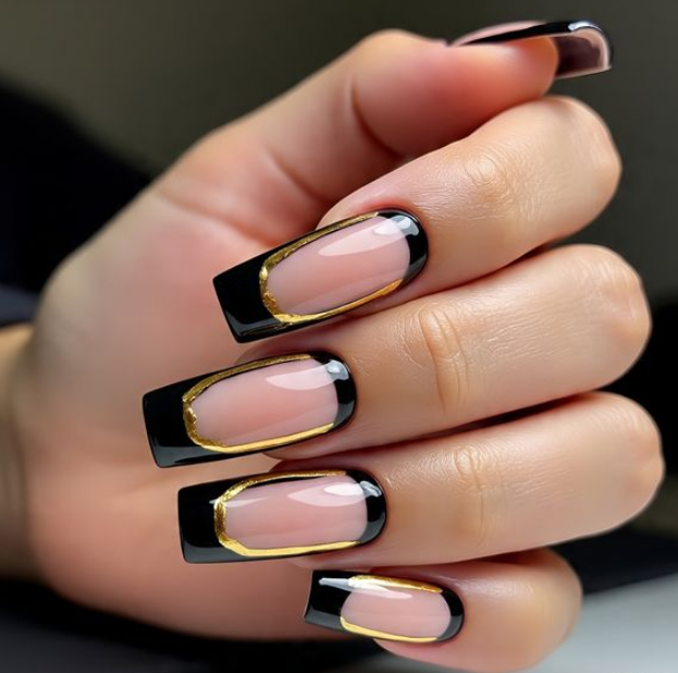 coffin black and gold nails