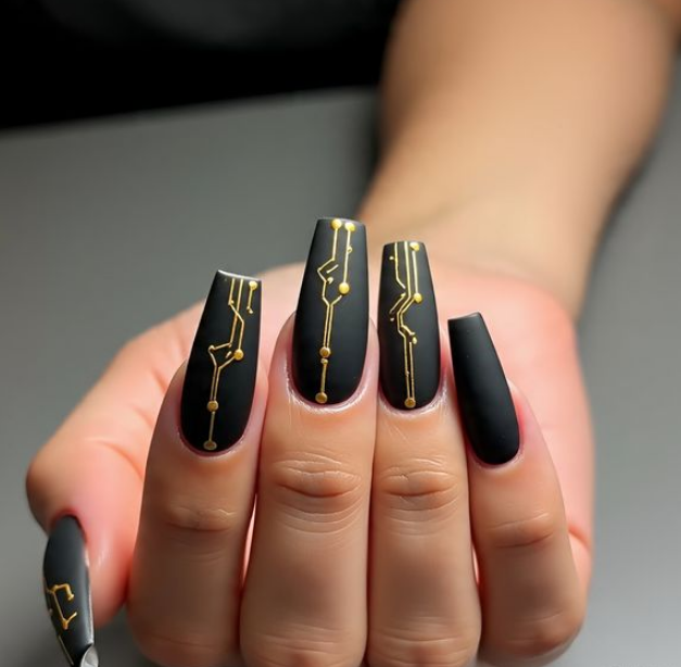 coffin black and gold nails