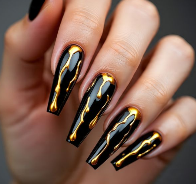 coffin black and gold nails