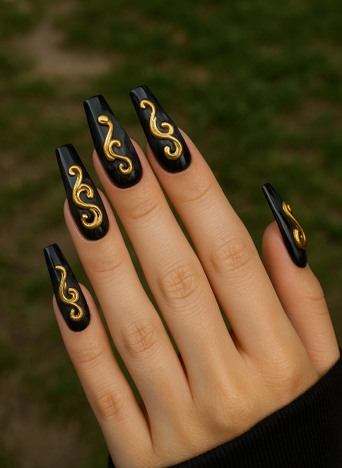 coffin black and gold nails