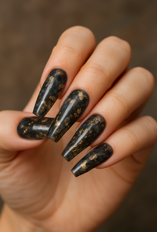 coffin black and gold nails