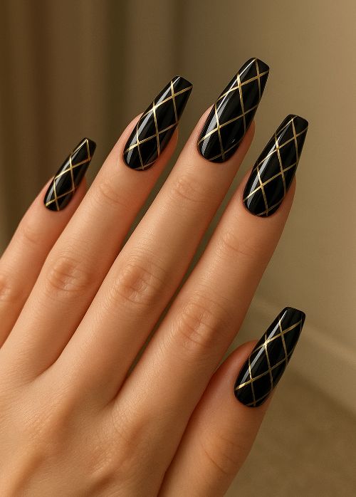 coffin black and gold nails