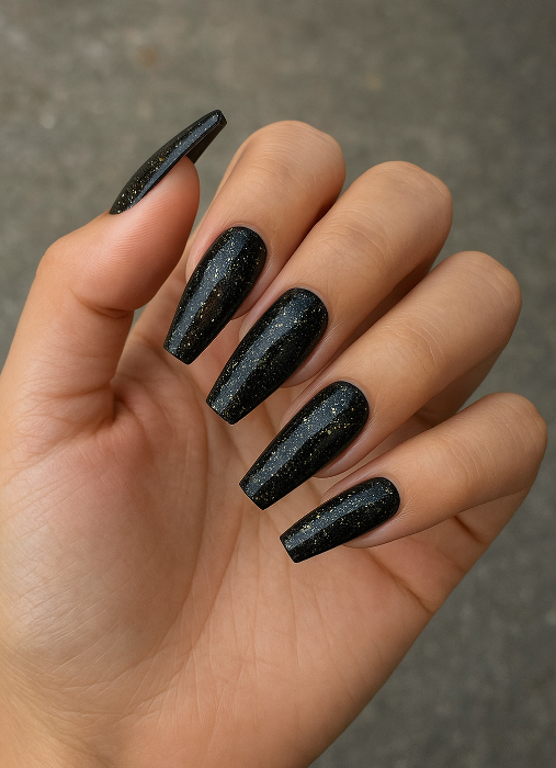 coffin black and gold nails