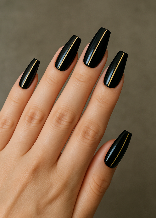 coffin black and gold nails
