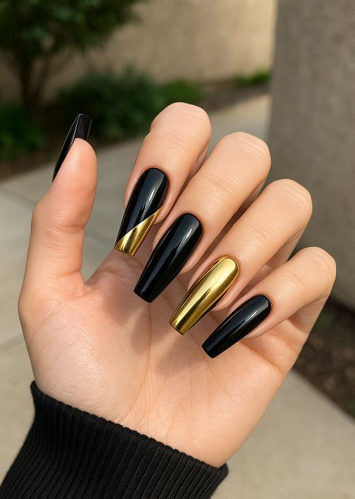 coffin black and gold nails
