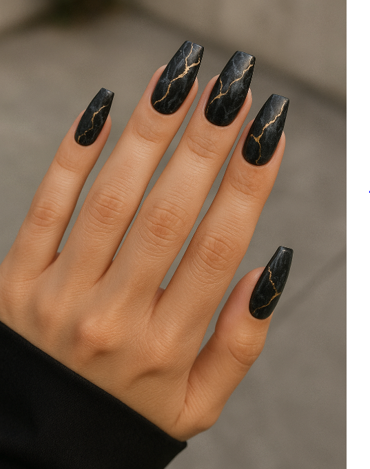 coffin black and gold nails