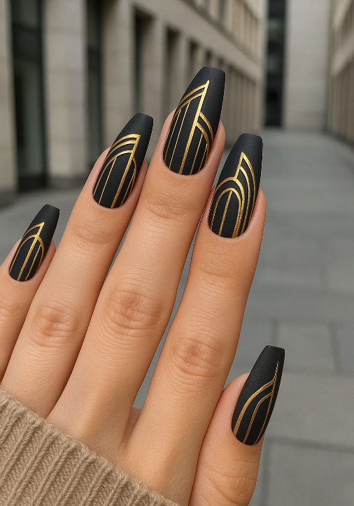 coffin black and gold nails