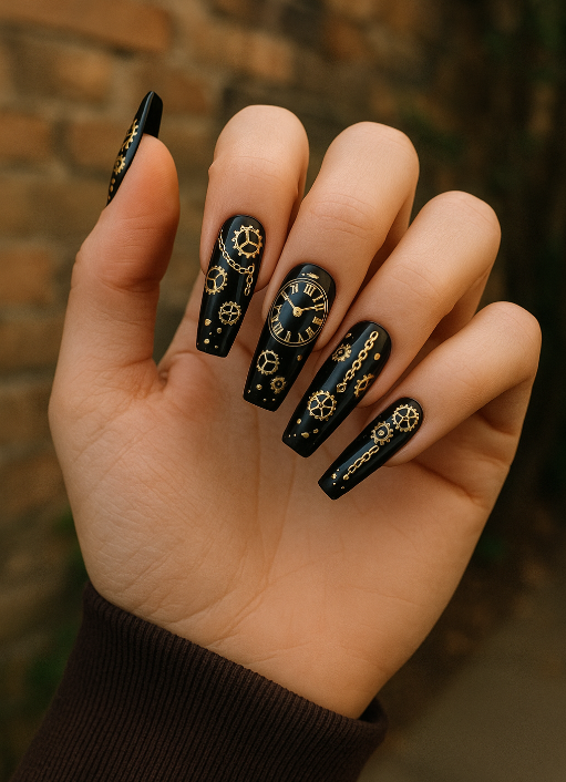 coffin black and gold nails