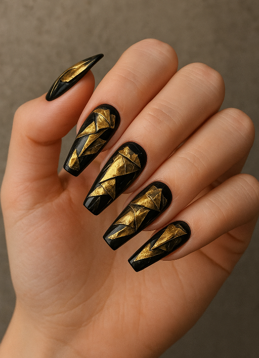 coffin black and gold nails