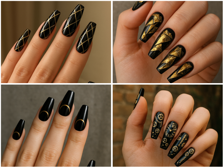 15 Coffin Black & Gold Nails to Try for a Stylish Personality
