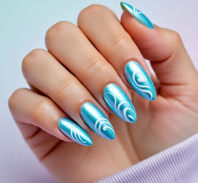 light blue chrome nails