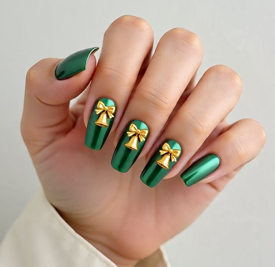 green and gold christmas nails