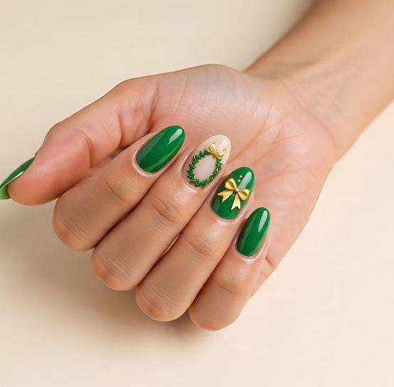 green and gold christmas nails