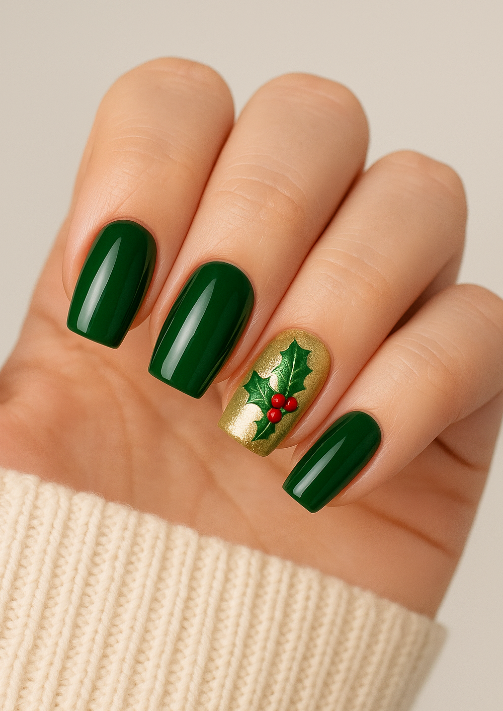 green and gold christmas nails