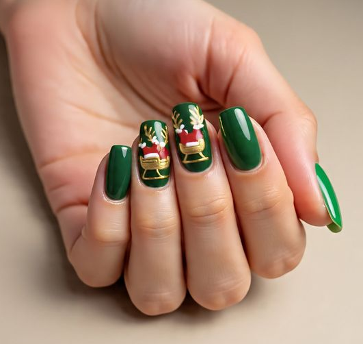 green and gold christmas nails